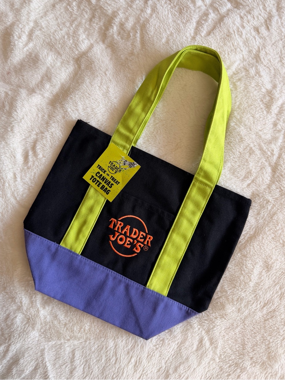 Trader Joe's Black Canvas Tote with Lime Green Straps and Purple Base